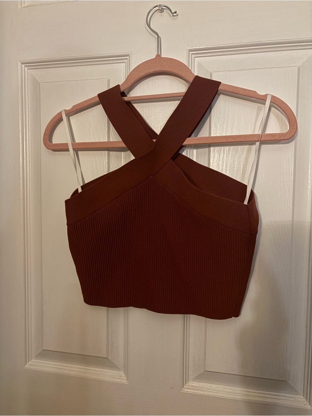 Babaton Cross-Back Ribbed Crop Top - Brown